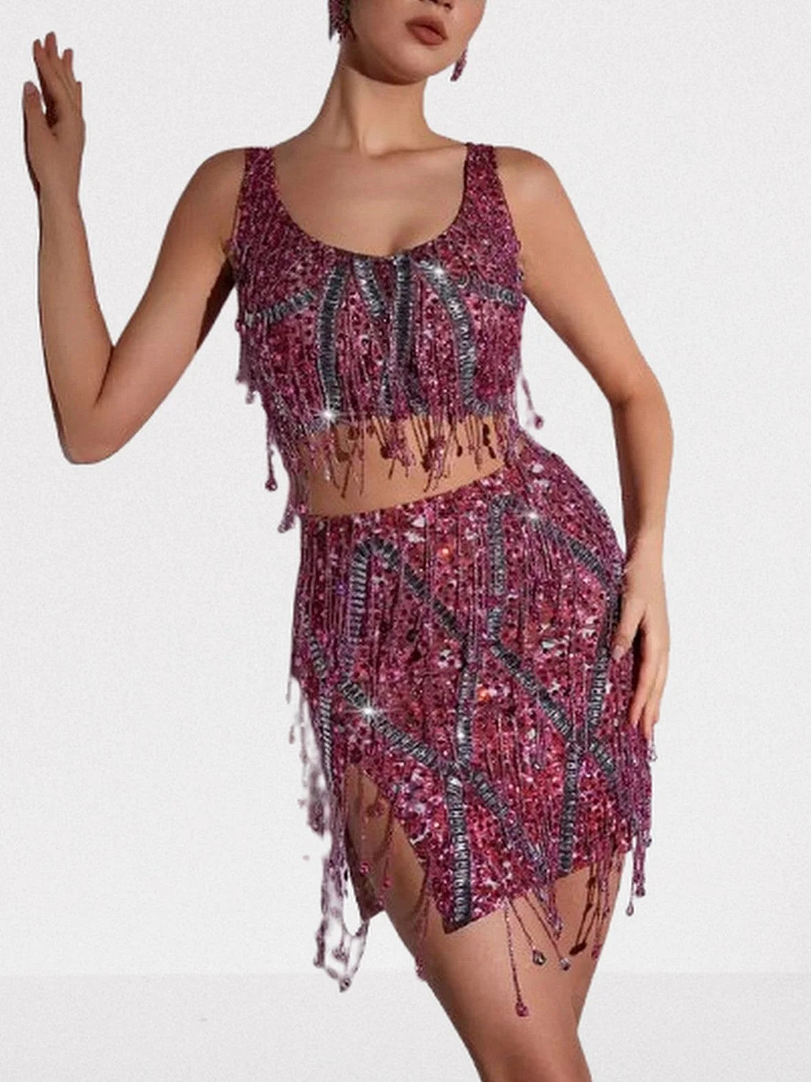 Embellished Fringed Top and Skirt Set in Pink - Suits & Sets