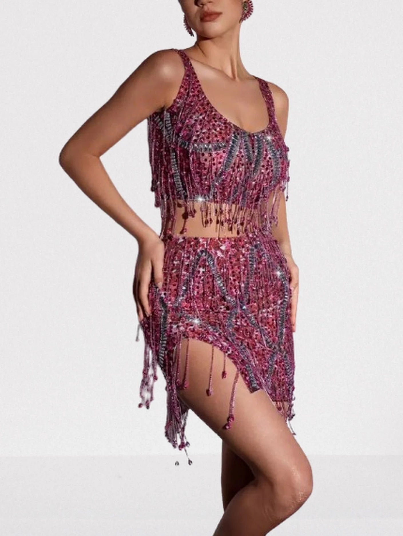 Embellished Fringed Top and Skirt Set in Pink - Suits & Sets