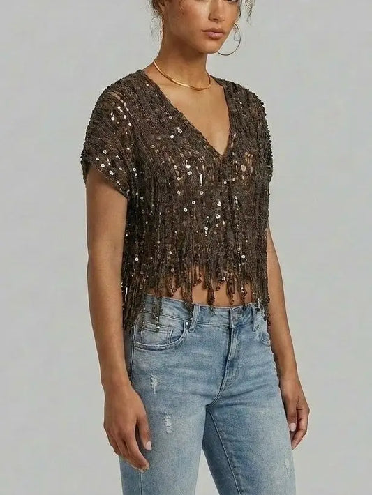 Embellished Fringed V-Neck Crop Top - Tops