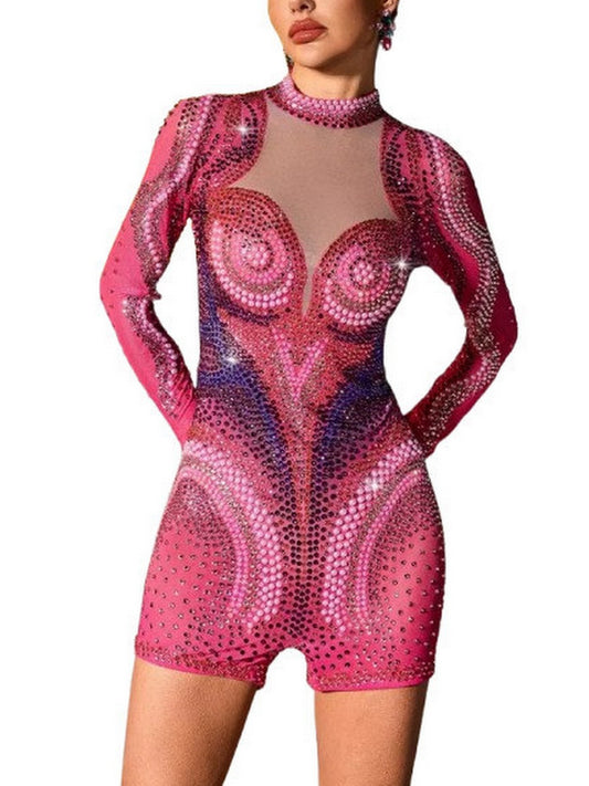 Embellished Long-Sleeve Stretch-Mesh Romper - Suits & Sets
