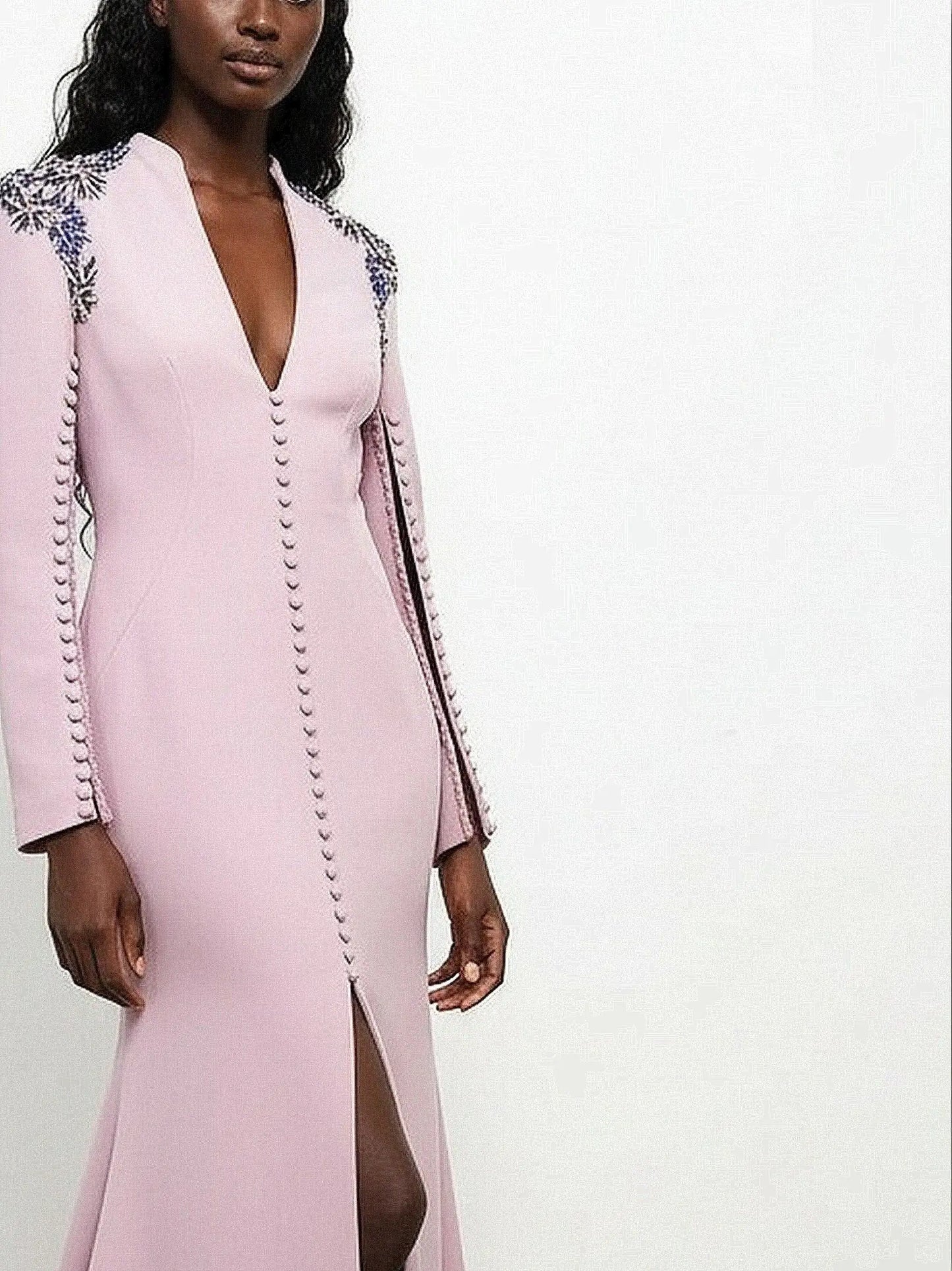 Embellished Long-Sleeve V-Neck Gown with Button Detail - Dresses