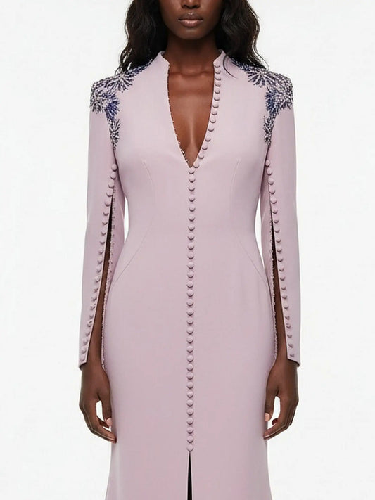 Embellished Long-Sleeve V-Neck Gown with Button Detail - Dresses