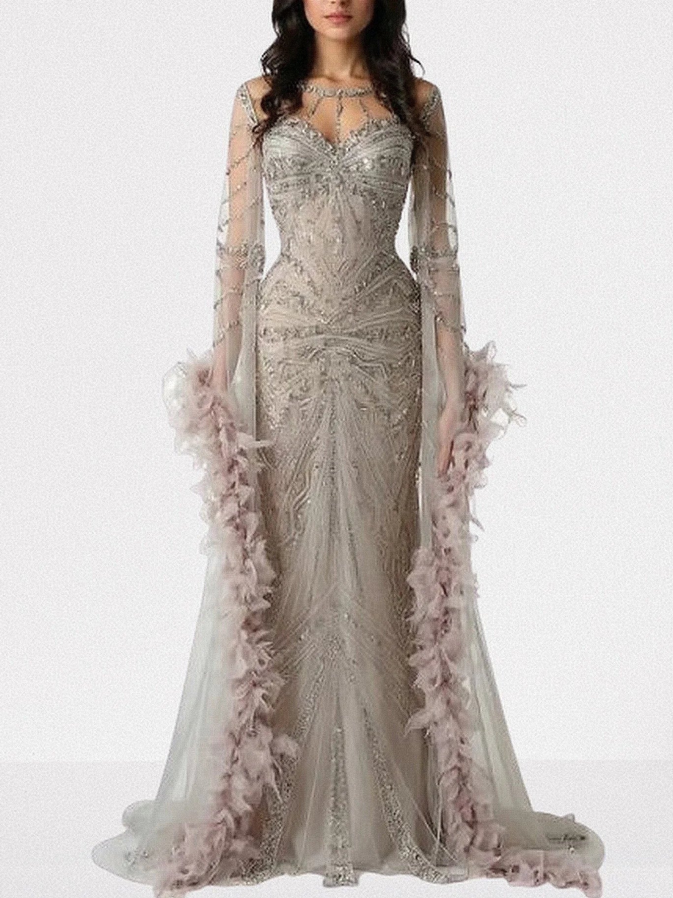 Embellished Long Tulle Gown with Feathers