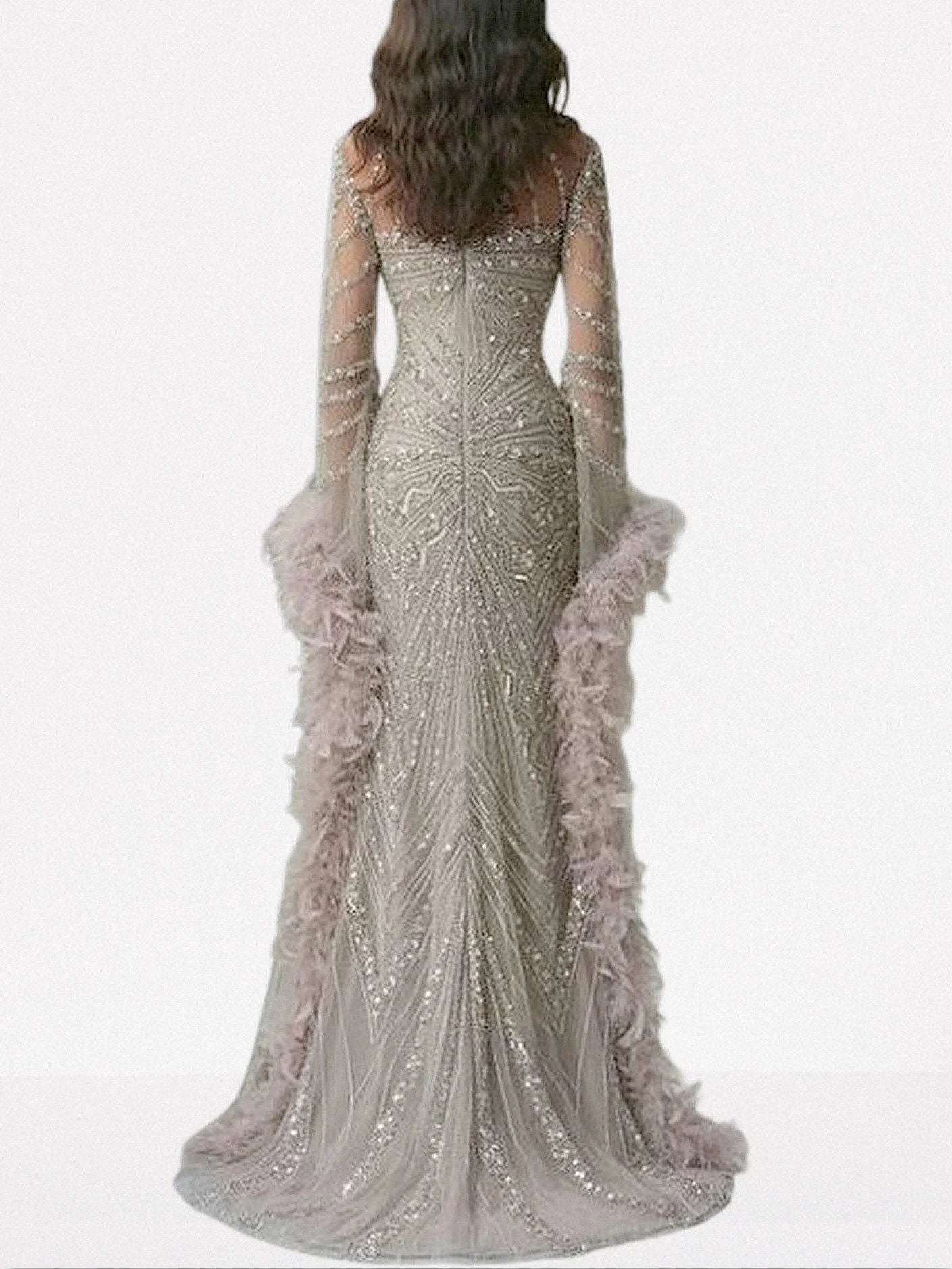 Embellished Long Tulle Gown with Feathers