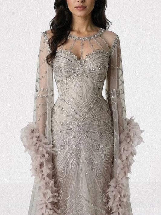 Embellished Long Tulle Gown with Feathers
