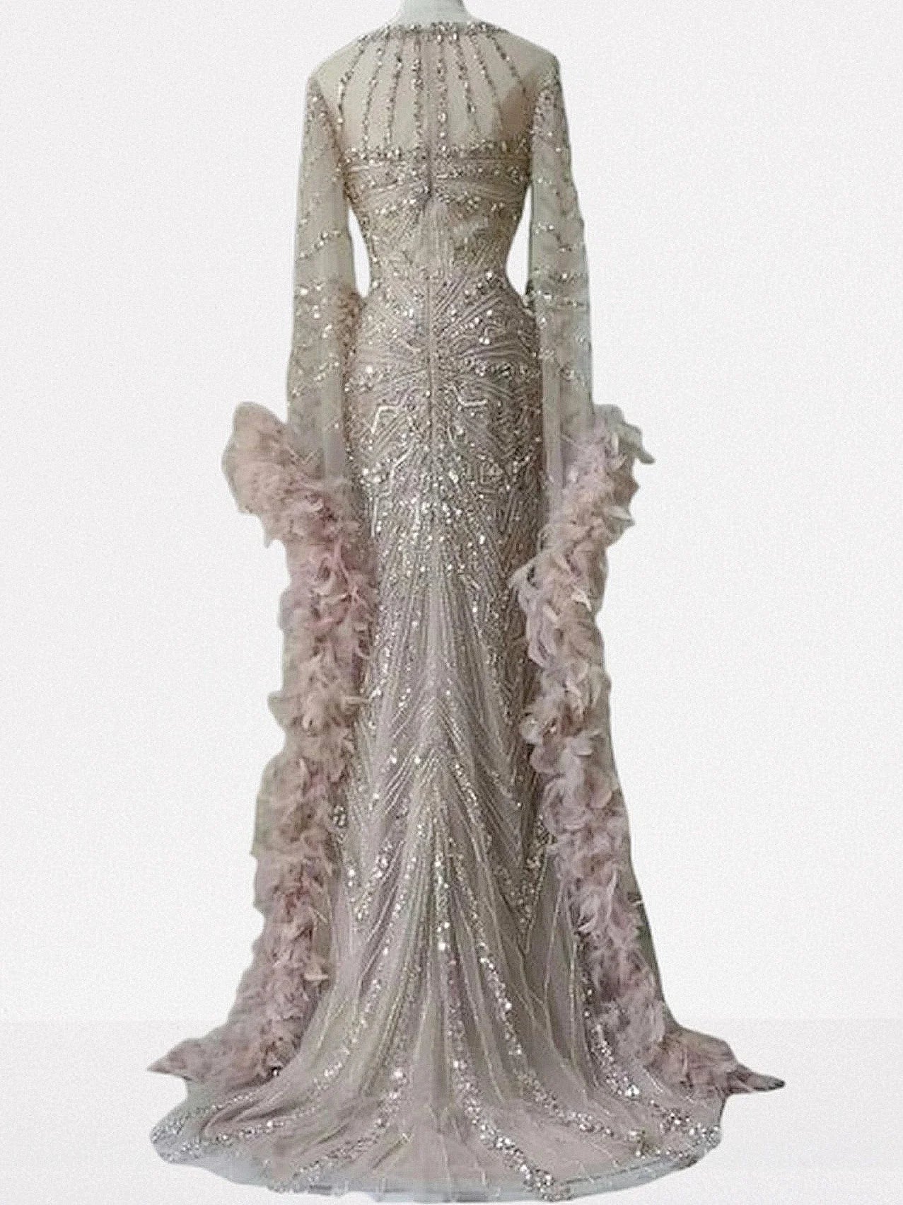 Embellished Long Tulle Gown with Feathers