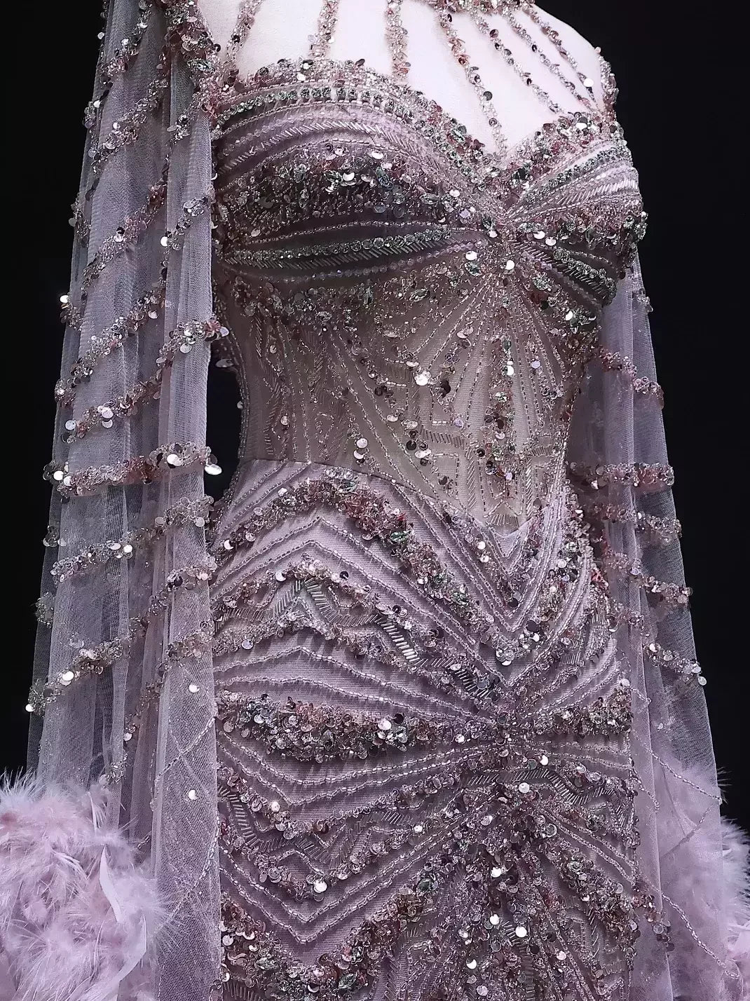 Embellished Long Tulle Gown with Feathers XS / Pink