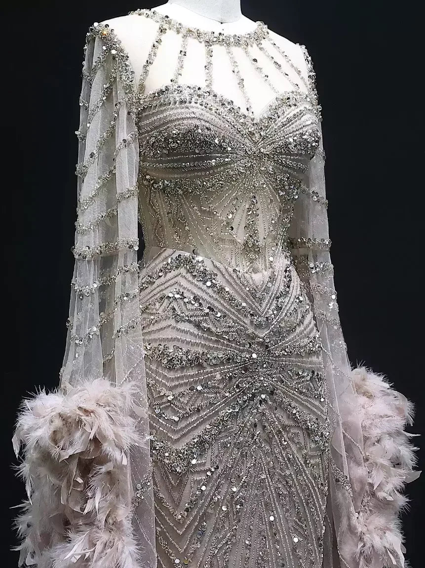 Embellished Long Tulle Gown with Feathers