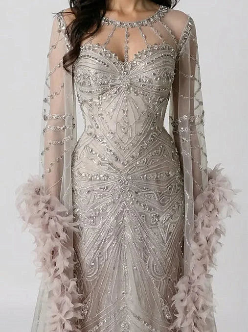 Embellished Long Tulle Gown with Feathers