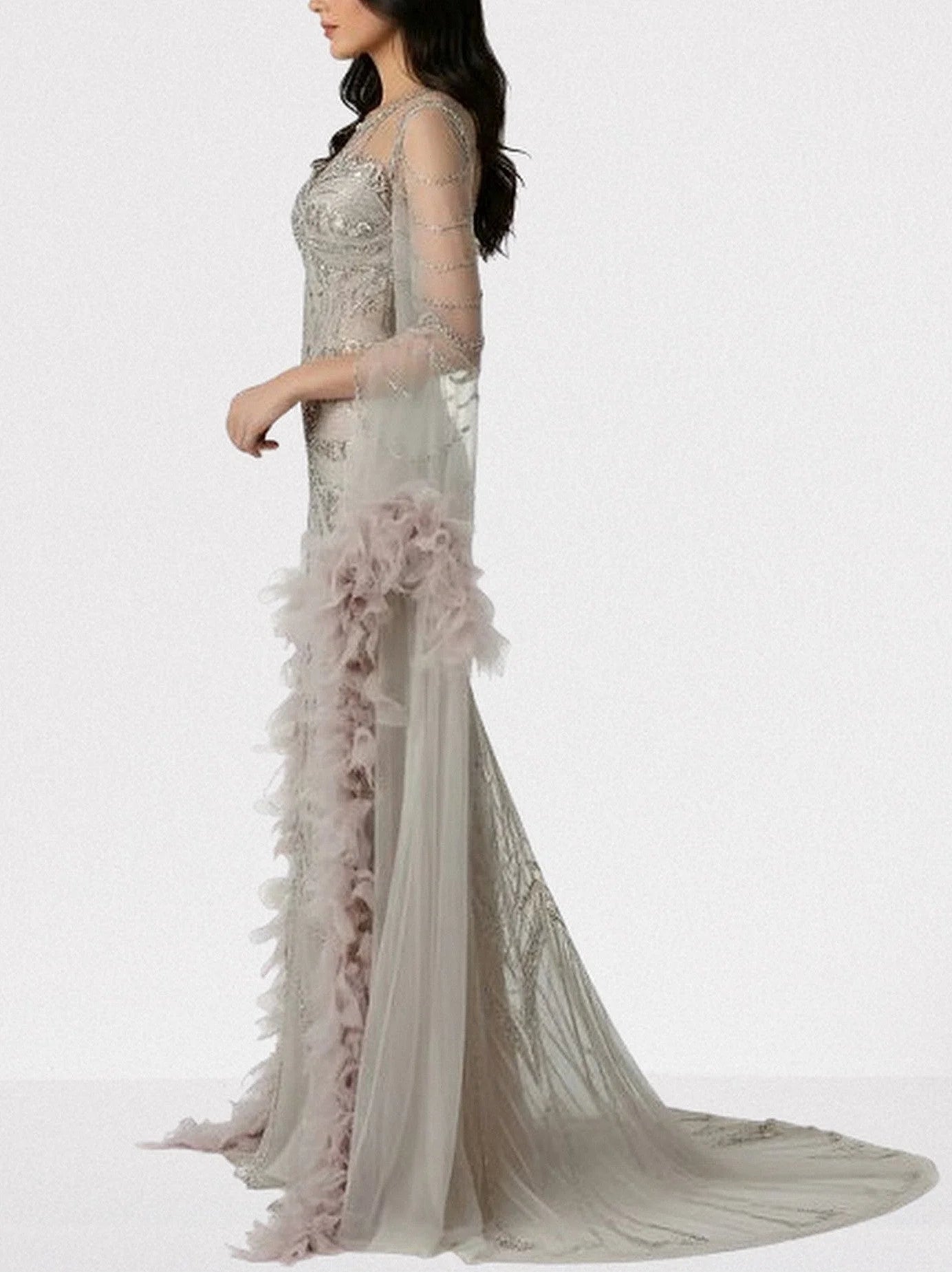 Embellished Long Tulle Gown with Feathers