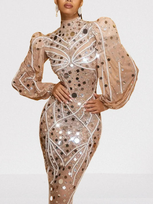 Embellished Maxi Dress with Long Puff-Sleeves - Dresses