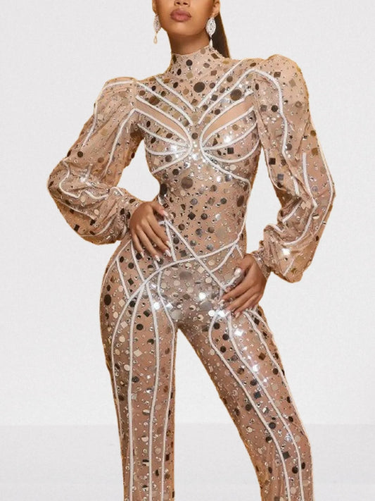 Embellished Nude Jumpsuit with Long Puff-Sleeves - Suits & Sets