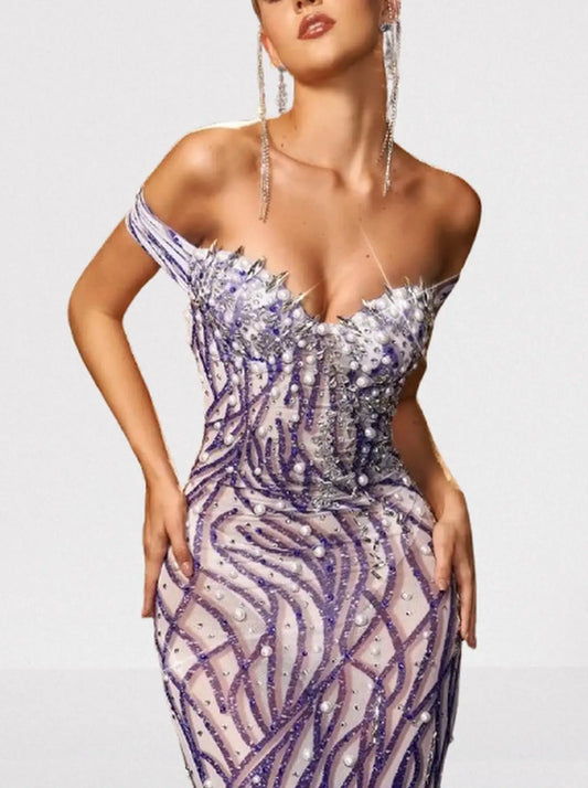 Embellished Off-Shoulder Pearl & Crystal Gown - Dresses