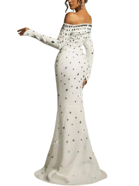 Embellished Off-Shoulder White Mermaid Gown - Dresses