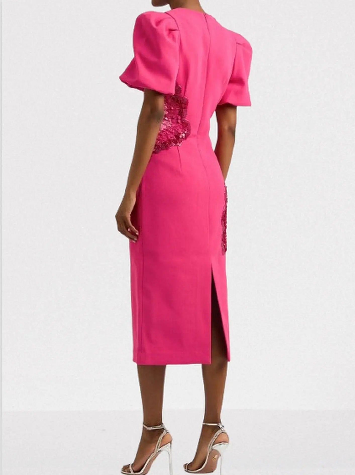 Embellished Puff-Sleeve Fuchsia Midi Dress - Dresses