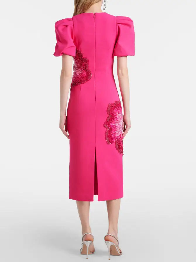 Embellished Puff-Sleeve Fuchsia Midi Dress - Dresses
