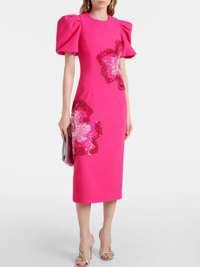 Embellished Puff-Sleeve Fuchsia Midi Dress - Dresses