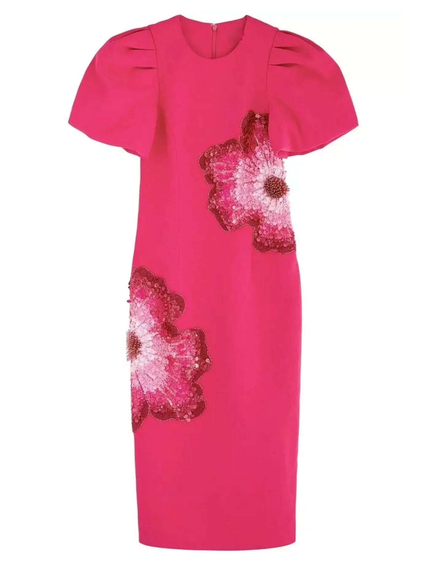 Embellished Puff-Sleeve Fuchsia Midi Dress - Dresses