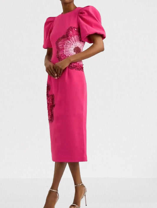 Embellished Puff-Sleeve Fuchsia Midi Dress - Dresses
