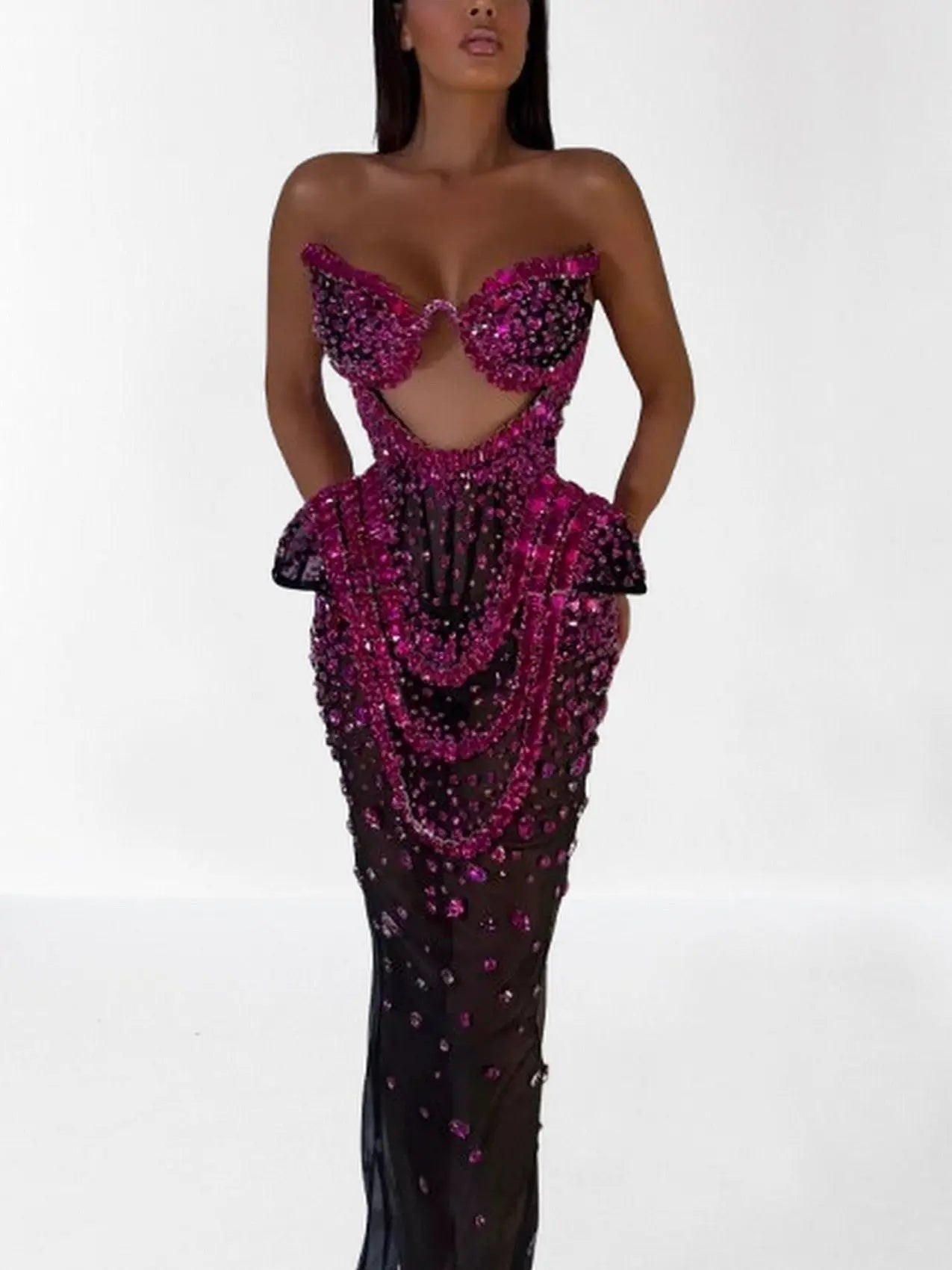 Embellished Semi-Sheer Cut-Out Gown - Dresses