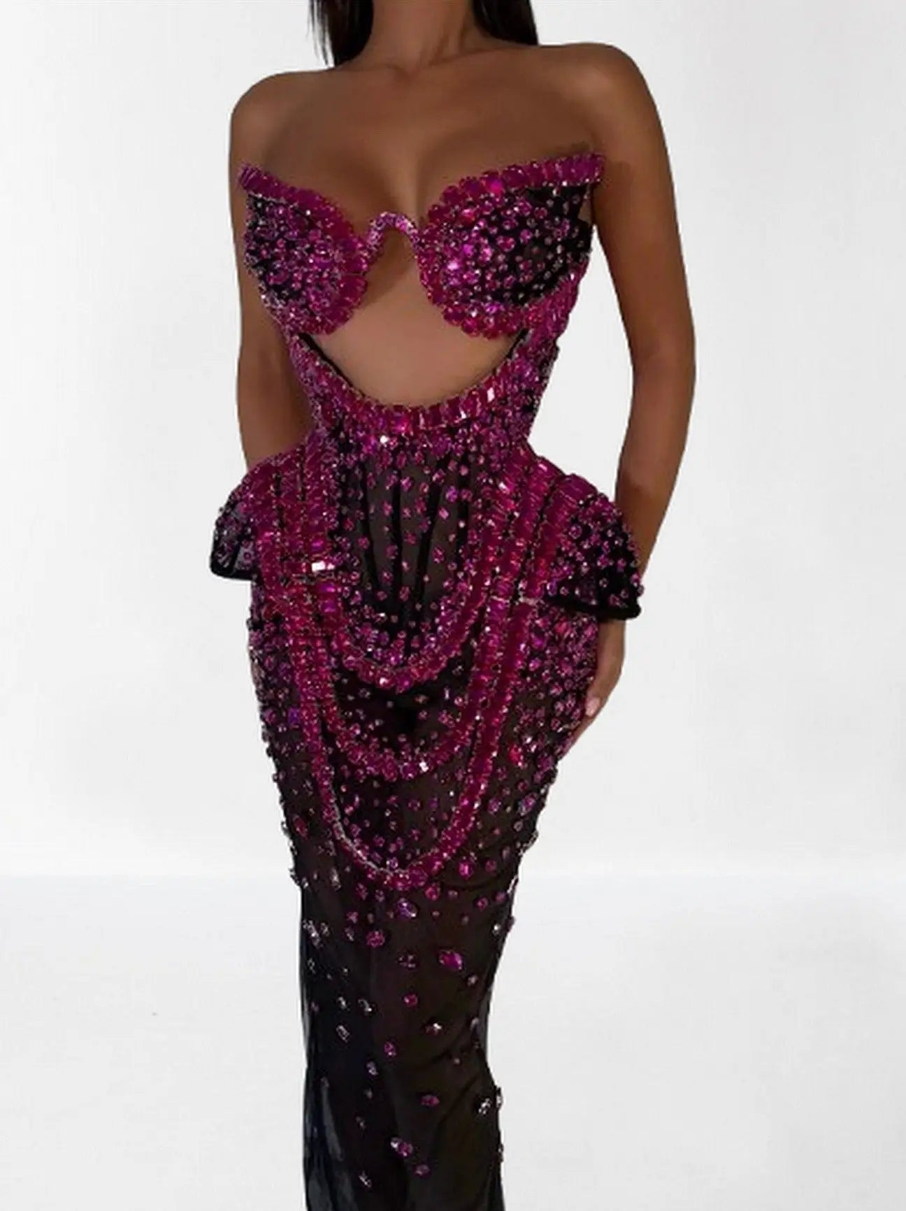Embellished Semi-Sheer Cut-Out Gown - XS / Black & Fuchsia - Dresses