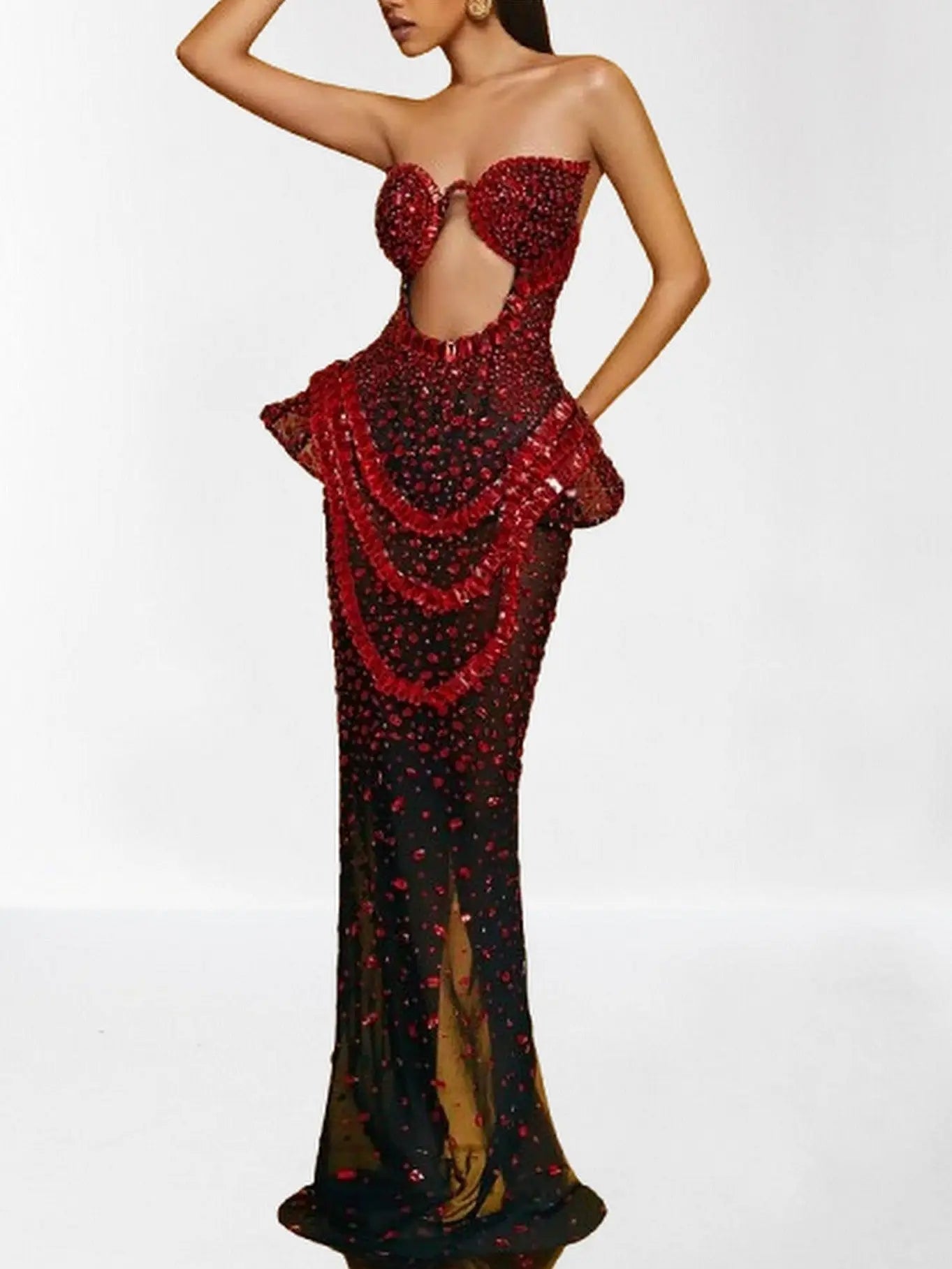 Embellished Semi-Sheer Cut-Out Gown - Dresses
