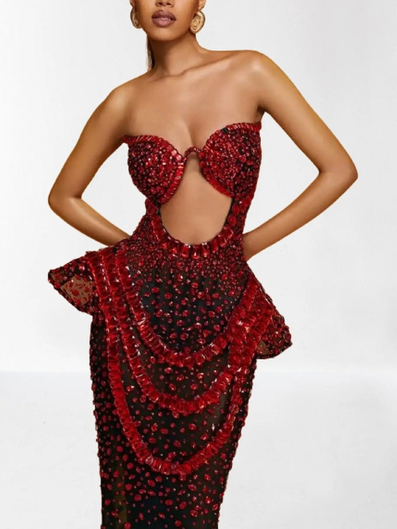 Embellished Semi-Sheer Cut-Out Gown - Dresses