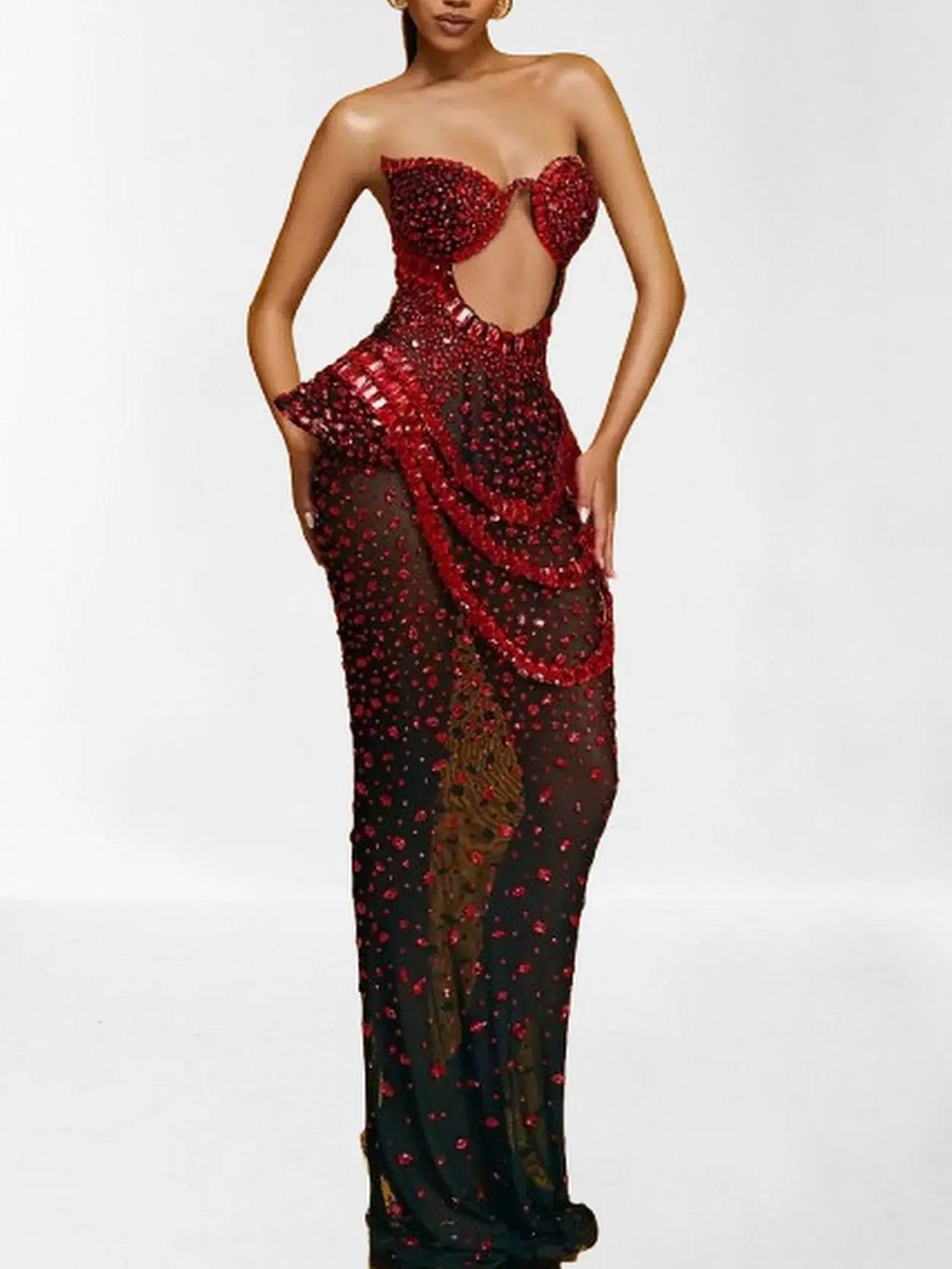 Embellished Semi-Sheer Cut-Out Gown - Dresses