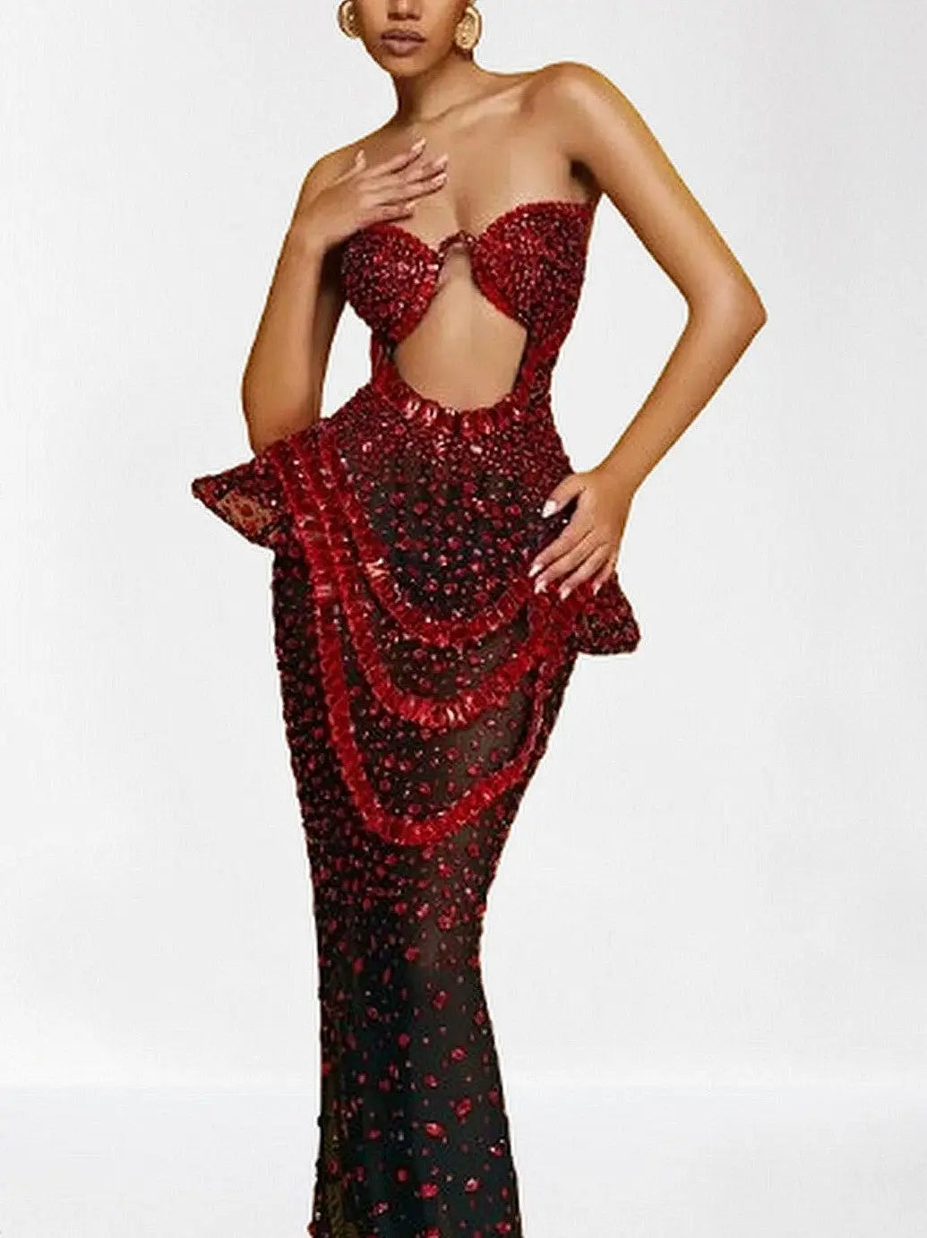 Embellished Semi-Sheer Cut-Out Gown - Dresses