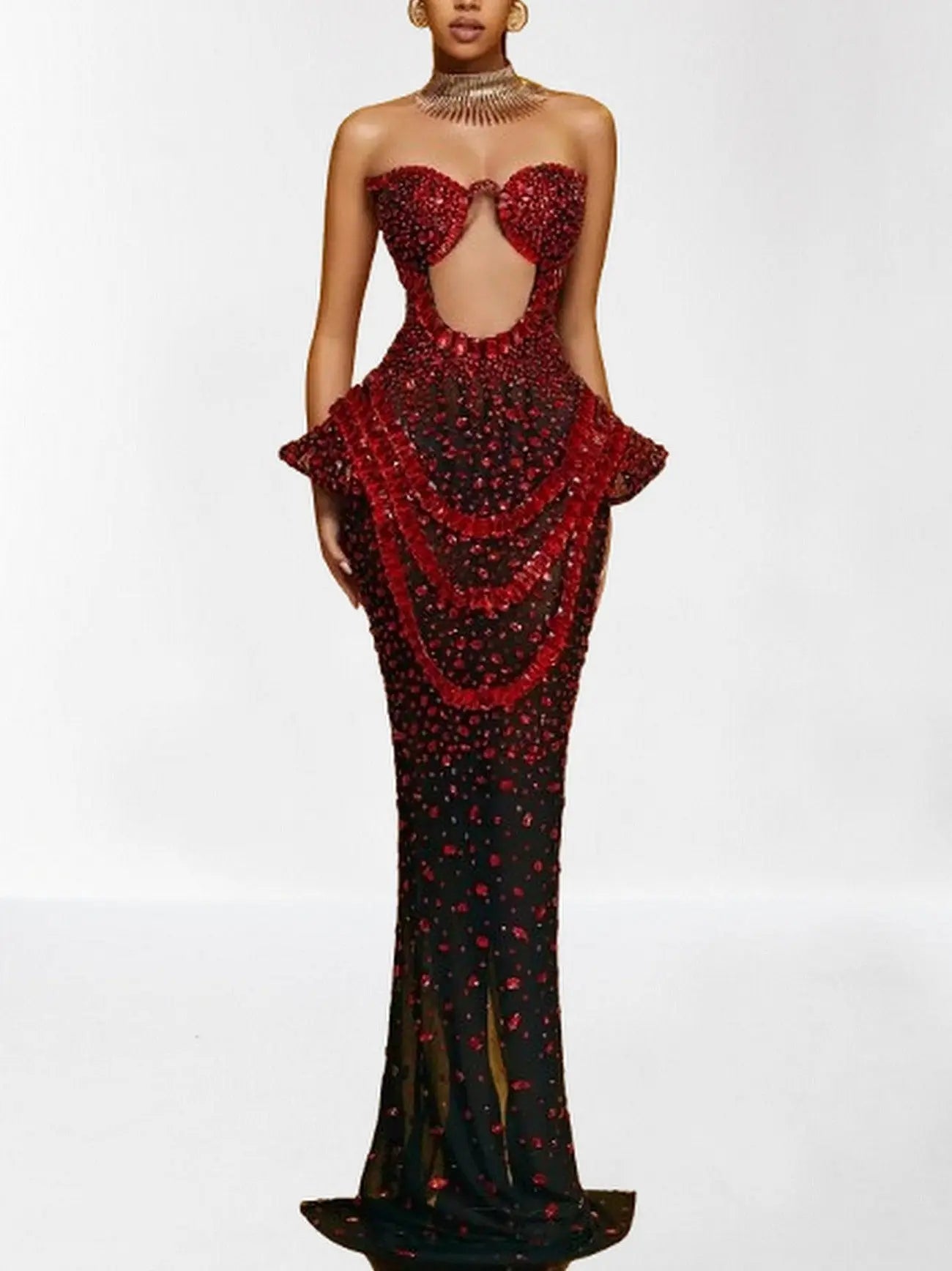 Embellished Semi-Sheer Cut-Out Gown - XS / Black & Red - Dresses