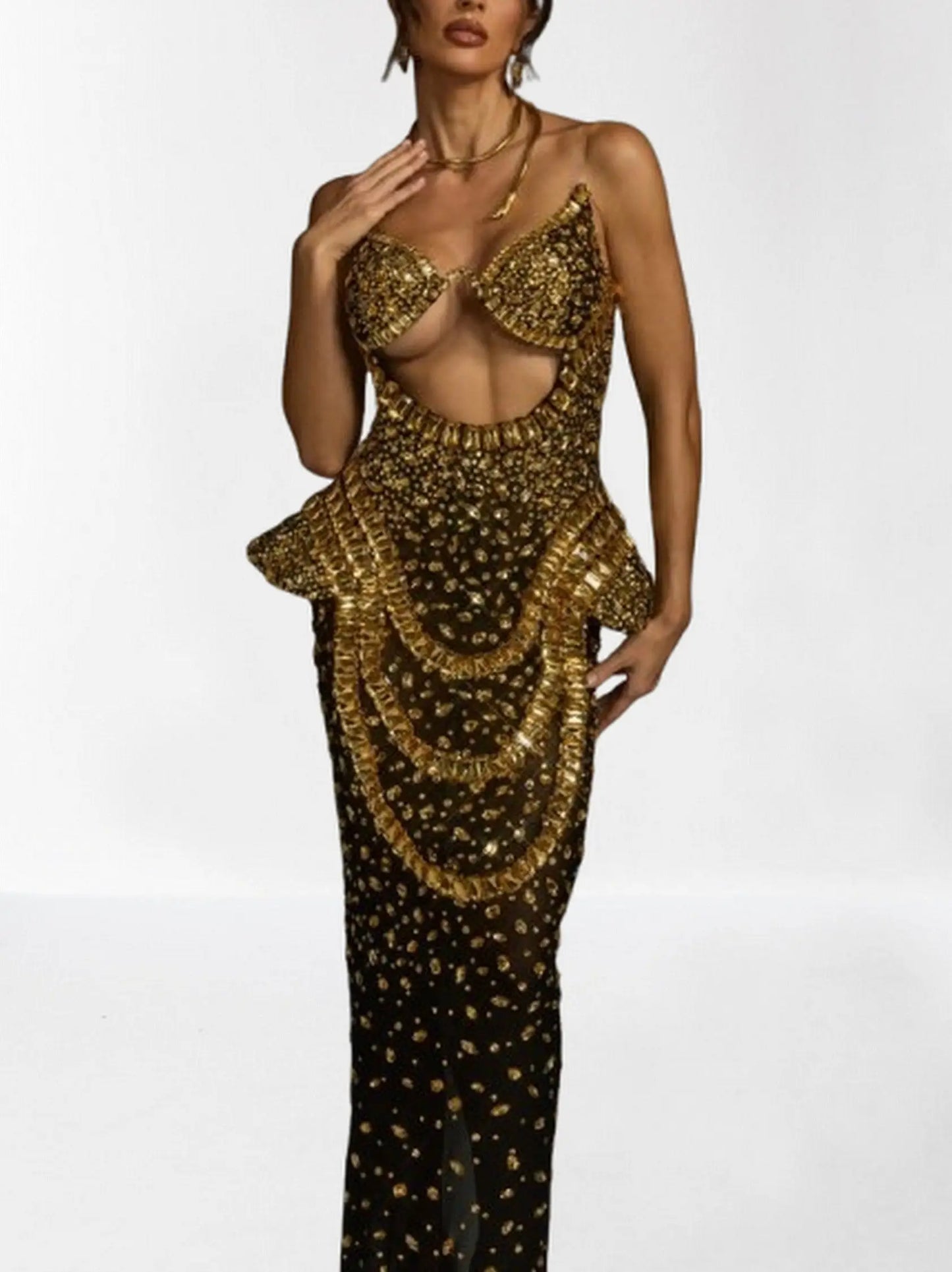 Embellished Semi-Sheer Cut-Out Gown - Dresses