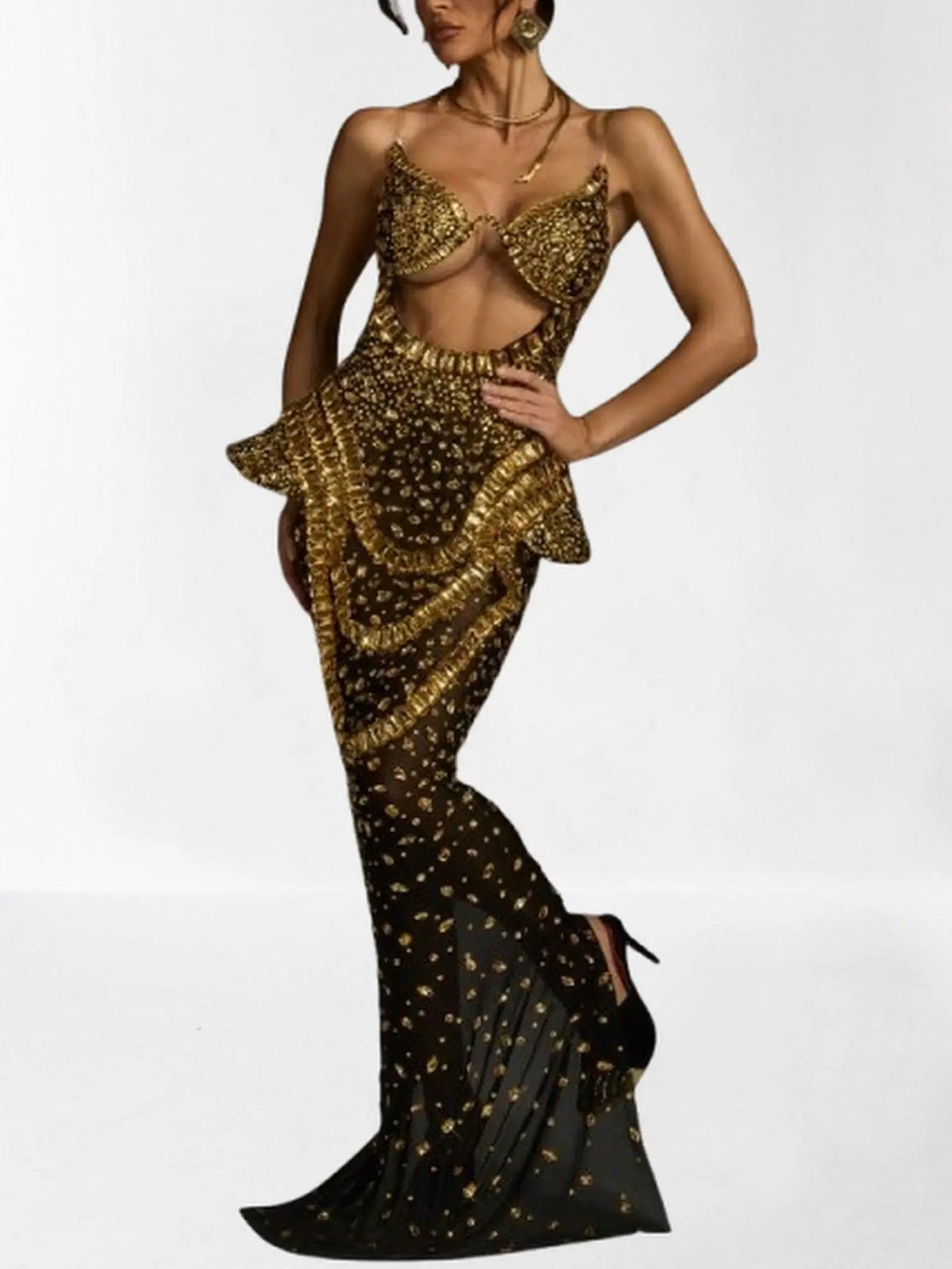Embellished Semi-Sheer Cut-Out Gown - Dresses