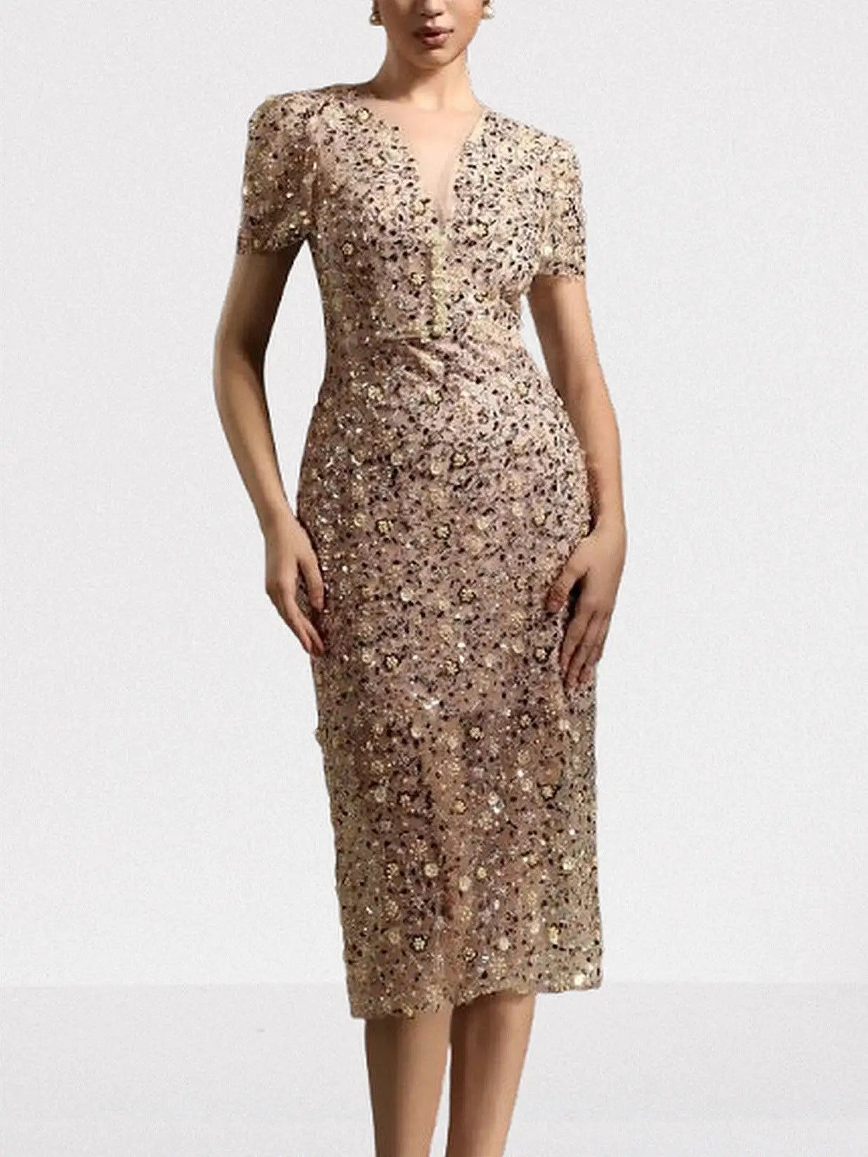 Embellished Semi-Sheer Mesh Midi Dress - Dresses