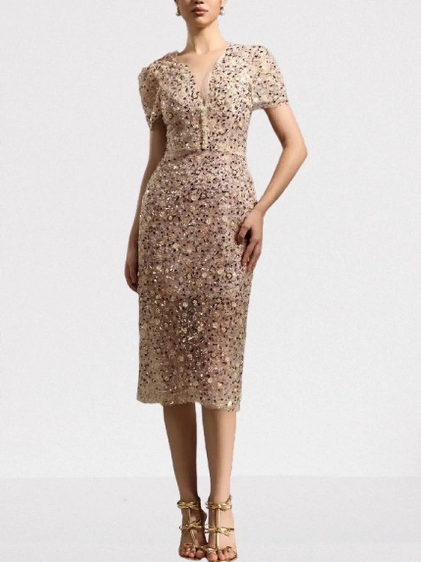 Embellished Semi-Sheer Mesh Midi Dress - Dresses