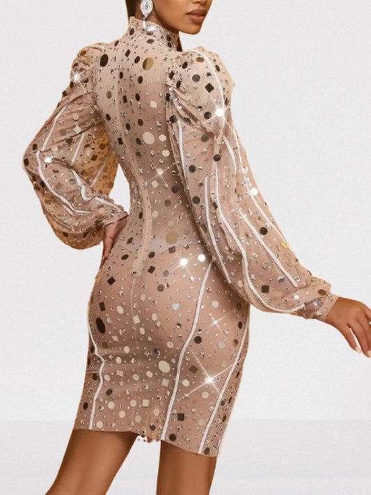 Embellished Short Dress with Long Puff-Sleeves - Dresses