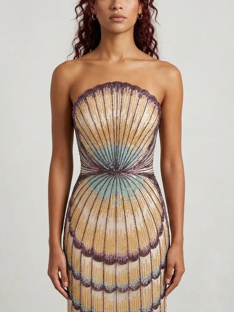 Embellished Strapless Shell Gown with Train - Dresses