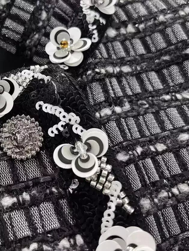 Embellished Tweed Check Jacket with Appliquéd Trim - Jackets