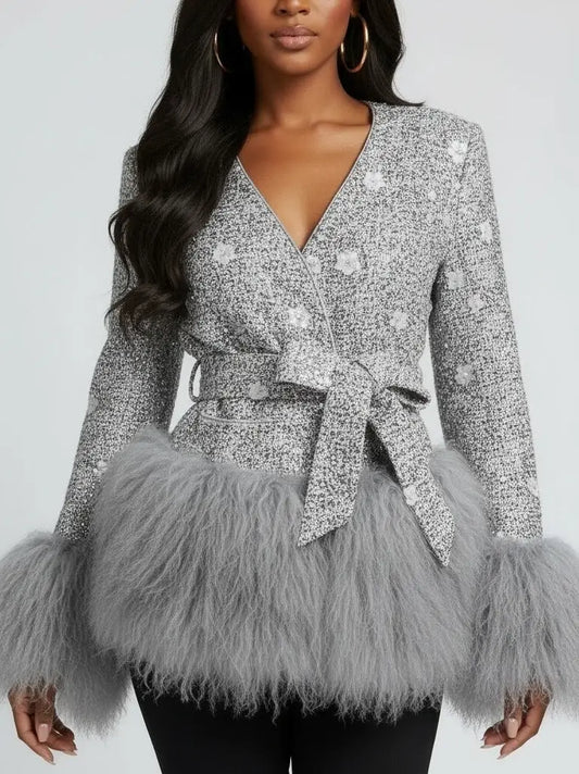 Embellished Tweed Jacket with Long-Pile Faux-Fur Trim - Jackets
