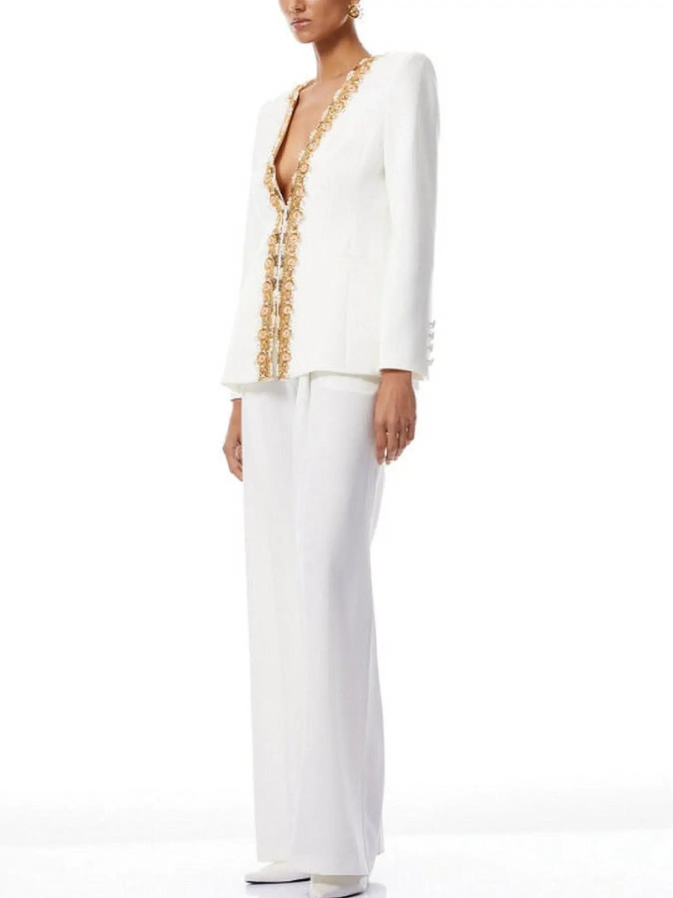Embellished White Cotton-Blend Pantsuit - Suits & Sets