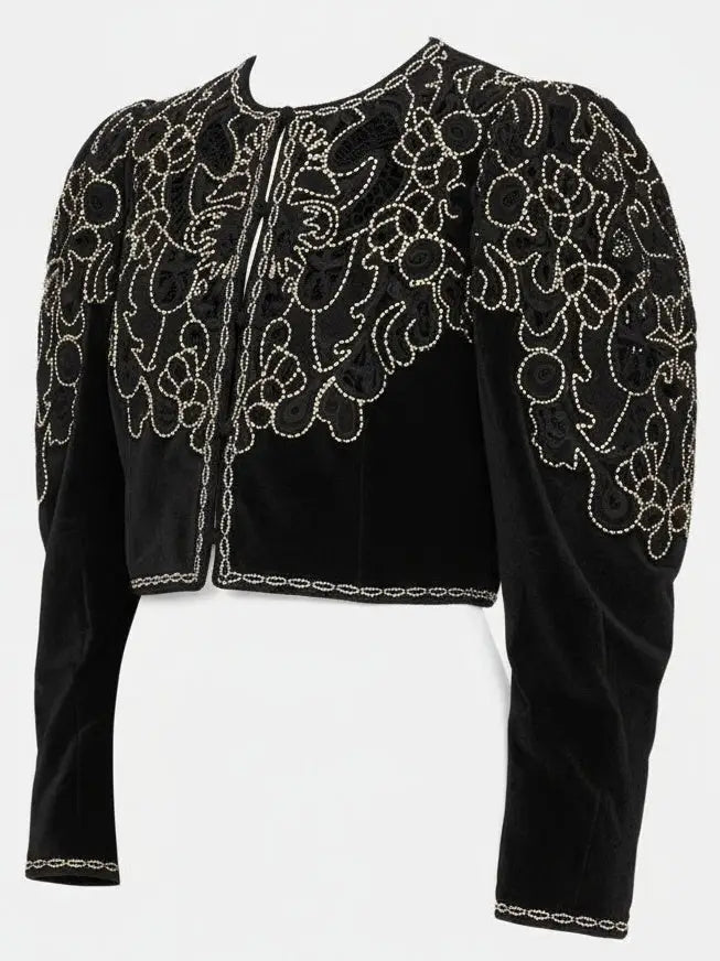 Embroidered Black Velvet Cropped Jacket - Jackets