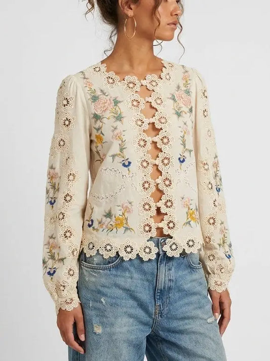 Embroidered Blouse with Puff Sleeves and Cutout Details - Tops