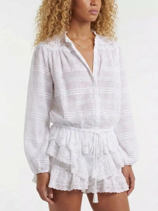 Embroidered Cotton Blouse and Drawstring Skort Set - Suits & Sets