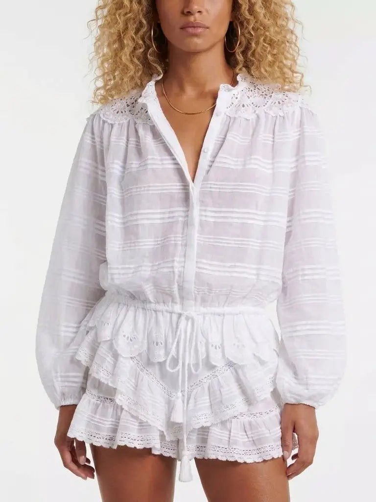 Embroidered Cotton Blouse and Drawstring Skort Set - Suits & Sets