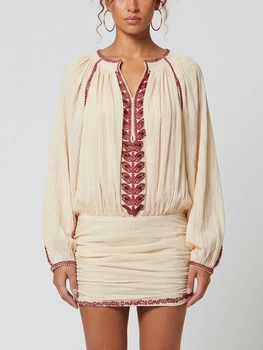 Embroidered Cotton Boho Tunic-Style Mini Dress - Dresses