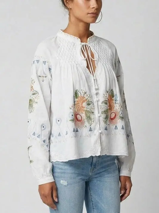 Embroidered Cotton Tie Neck Boho Blouse - Tops