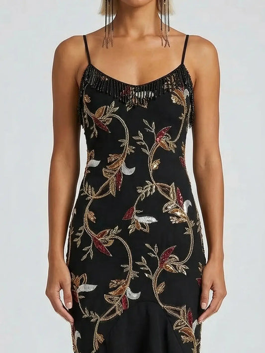 Embroidered Floral High-Low Midi Dress with Fringe - Dresses