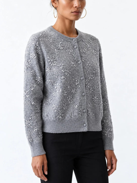 Embroidered Grey Cashmere Cardigan Sweater - Sweaters & Knitwear
