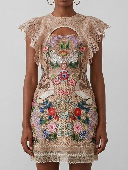 Embroidered Lace Mini Dress with Bird and Floral Motif