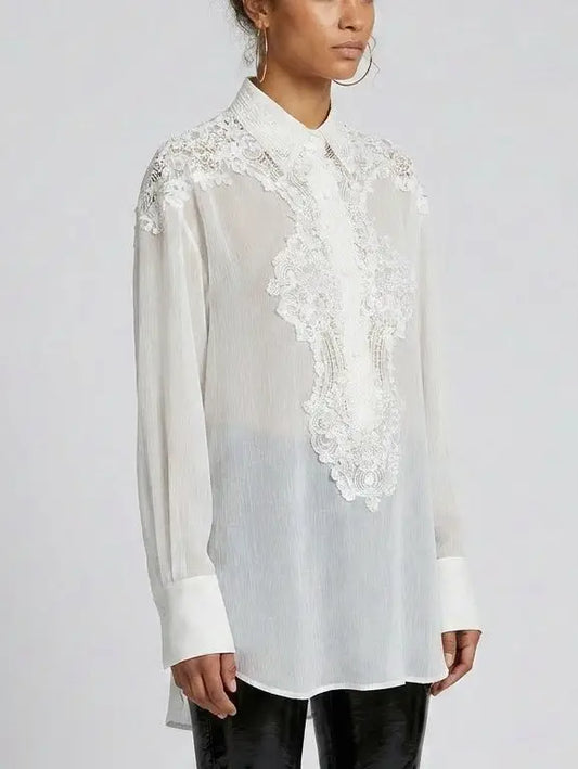 Lace and Silk Oversize Shirt in Grey - Tops