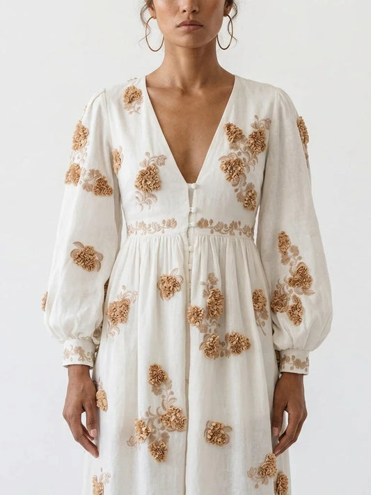 Embroidered Linen Maxi Dress with 3D Floral Embellishments - Dresses